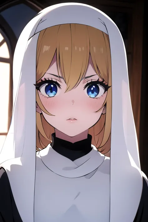 1girl, solo, medium wavy blonde hair, hidden under a veil, blue eyes, thick eyelashes, arched eyebrows, small nose, soft cheeks, natural lips, light makeup, black habit with a white collar, slender build, serene, devoted, portrait, indoors, monastery, stained glass windows, candlelight, quiet atmosphere, nun