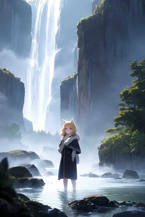 1girl, solo, long straight ash blonde hair, wolf ears, large icy blue eyes, thick eyelashes, well-defined eyebrows, small straight nose, light blush on cheeks, natural lips, no makeup, fur-lined cloak with intricate patterns, slender athletic build, standing, serene, wild, portrait, outdoors, mountain waterfall, dim lighting, moonlight, mist, cold atmosphere, flowing water, sparkling ice, misty fog, towering cliffs, cascading water