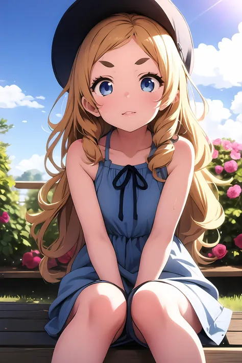 1girl, solo, long wavy blonde hair, hat, blue eyes, thick eyebrows, curled eyelashes, small nose, sun-kissed cheeks, pink lips, white teeth, light makeup, summer dress, slender build, sitting, relaxed, content, portrait, outdoors, terrace, garden, flowers, sunlight, warm breeze, peaceful atmosphere