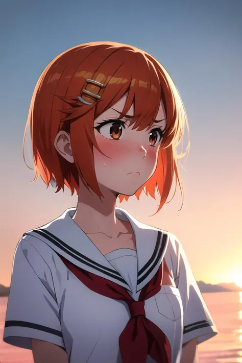 1girl, solo, short hair, blush, hair ornament, orange hair, school uniform, looking away, looking to the side, upper body, frown, sunset, collarbone