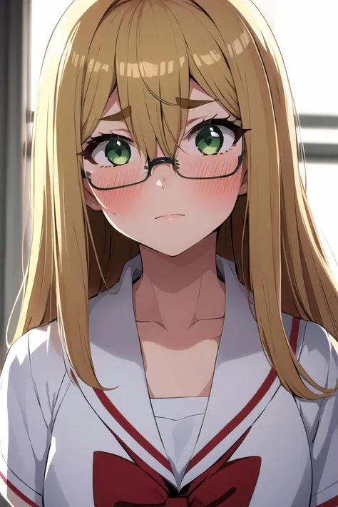 1girl, solo, long hair, blush, green eyes, school uniform, collarbone, upper body, hair between eyes, thick eyebrows, glasses, blonde hair,