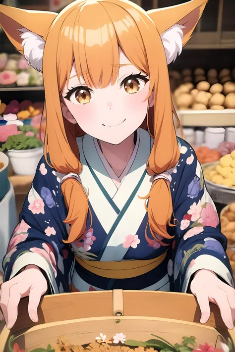 1girl, solo, fox ears, fluffy tufts, long orange hair, playful smile, traditional kimono, floral patterns, golden accents, close-up, lively market fair, colorful stalls, exotic goods, people bustling