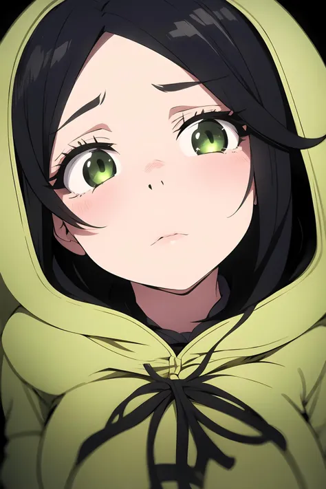 1girl, solo, (close-up:0.8), greenish skin, glowing green eyes, long tangled black hair, thick eyelashes, pointed nose, high cheekbones, thin lips, black cloak, hood, intense expression, dark forest, twisted trees, mist, strange symbols, full moon, ancient ruins