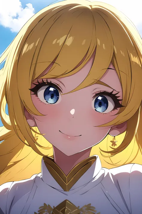 1girl, solo, (close-up:0.7), golden hair, halo, large blue eyes, thick eyelashes, serene smile, white gown, golden embroidery, peaceful expression, heavenly palace, clouds, golden spires, soft glow