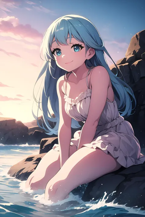 1girl, solo, (close-up:0.5), long flowing aqua hair, shimmering scales, large blue eyes, thick eyelashes, small nose, full lips, seductive smile, sitting, rocky shore, crashing waves, moonlight