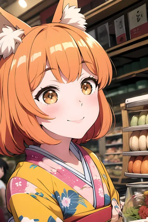 1girl, solo, fox ears, fluffy tufts, long orange hair, playful smile, traditional kimono, floral patterns, golden accents, close-up, lively market fair, colorful stalls, exotic goods, people bustling