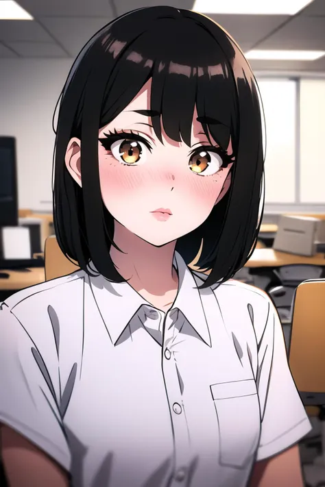 1girl, solo, short straight black hair, neat bob, brown eyes, thick eyelashes, arched eyebrows, small nose, light blush on cheeks, natural lips, light makeup, white blouse, black pencil skirt, slender build, focused, working, portrait, indoors, office, desk, computer, documents, bright lighting, professional atmosphere