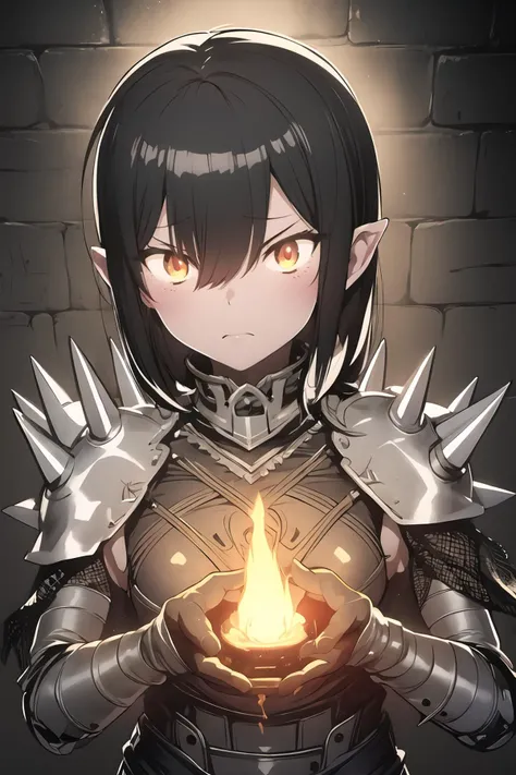 1girl, solo, deep red skin, glowing yellow eyes, black hair, sharp spikes, fierce expression, black leather armor, metal spikes, intricate carvings, torch, bust shot, dark underground dungeon, eerie glow, shadows dancing, detailed background, high contrast