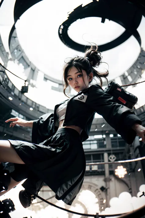 school girl 18 yo, pleated skirt, looking at viewer, from front, japan cyberpunk background, (dramatic angle, dynamic pose)<lora:phoenixdressV.2:1.0>