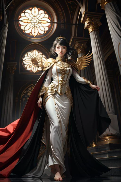 masterpiece, low angle, from below, paladin templar lady in white tabard, legwear, glowing yellow eyes, collar, golden chainmail, wide hips, barefoot, angel wings, pauldrons, halo, bob cut, black hair, eye focus, red cape, temple indoors, decorations, stained glass windows, night, particles, chromatic aberration, detailed, cinematic, dark scene, fantasy <lora:phoenixdressV.2:1>