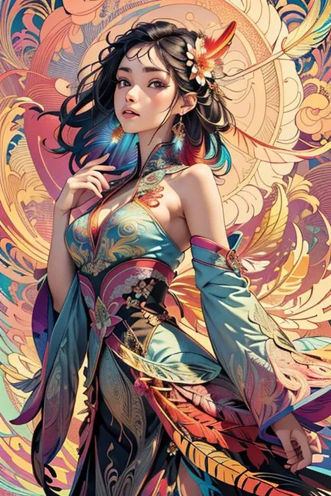 (masterpiece, top quality, best quality, official art, beautiful and aesthetic:1.2), (1girl:1.3), extremely detailed,(fractal art:1.1),(colorful:1.1)(flowers:1.3),highest detailed,(zentangle:1.2), (dynamic pose), (abstract background:1.3), (chinese Traditional cloth:1.2), (shiny skin), (many colors:1.4), ,(earrings:1.4),