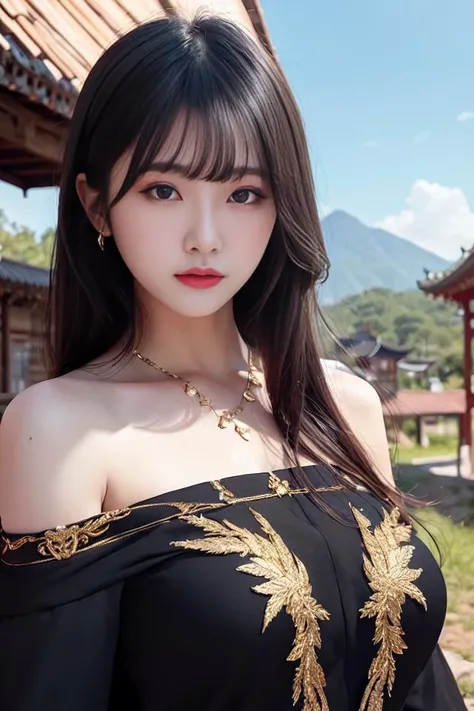 best quality, ultra-detailed, masterpiece, finely detail, highres, 8k wallpaper, Realistic details, clothing details, skin details, photoshop \(medium\),Slim body,upper body, 1girl, 22 years old, beautiful eyes, real skin, fine face, bangs, long hair, black hair,  blunt bangs, large breasts,Chinese style, rural, Distant mountain, sky,  <lora:chinaDollLikeness_v10:0.4>,  <lora:JapaneseDollLikeness_v15:0.3>,(ulzzang-6500-v1.1:0.5),  <lora:phoenixdressV.2:0.6>,Phoenix dress, Phoenix dress, gold, black, gold trim,bare shoulders, collarbone,  dress