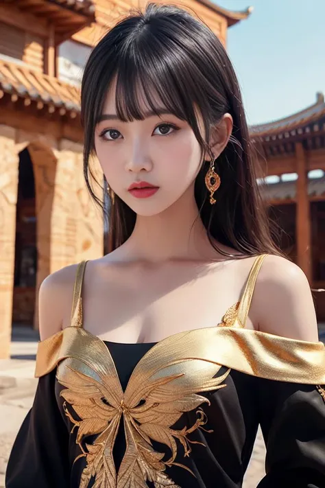 best quality, ultra-detailed, masterpiece, finely detail, highres, 8k wallpaper, Realistic details, clothing details, skin details, photoshop \(medium\),Slim body,upper body, 1girl, 22 years old, beautiful eyes, real skin, fine face, bangs, long hair, black hair,  blunt bangs, large breasts,Chinese style, rural, Distant mountain, sky,  <lora:chinaDollLikeness_v10:0.4>,  <lora:JapaneseDollLikeness_v15:0.3>,(ulzzang-6500-v1.1:0.5),  <lora:phoenixdressV.2:0.6>,Phoenix dress, Phoenix dress, gold, black, gold trim,bare shoulders, collarbone,  dress