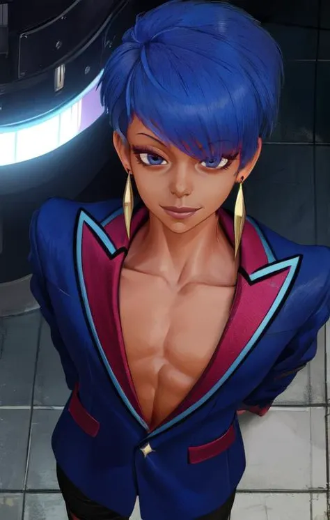 Eternity, purple eyes, blue hair, flat chest,  
upper body,   standing,  hips, smile,  from below, 
blue jacket,  white gloves,  black shorts,  necklace, earrings, 
club, stage lights,  
(insanely detailed, beautiful detailed face,beautiful detailed eyes, masterpiece, best quality),
 <lora:Eternity:0.8>