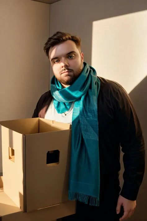 <lora:Ibai_v1:1> masterpiece, best cinematic quality, photorealistic highly detailed 8k raw photo, volumetric lighting, volumetric shadows, bllns in scarf, Pretending to be stuck in a box, random dynamic background