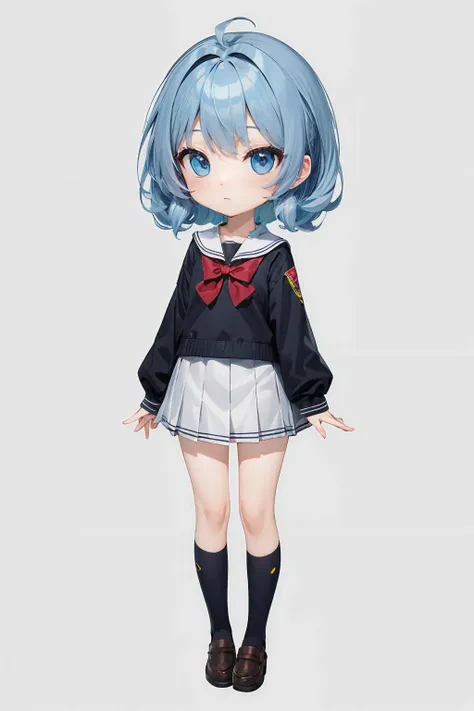 ray tracing, masterpiece, best quality, 1girl, chibi, light blue hair, simple background, white background, white school uniform, full body,