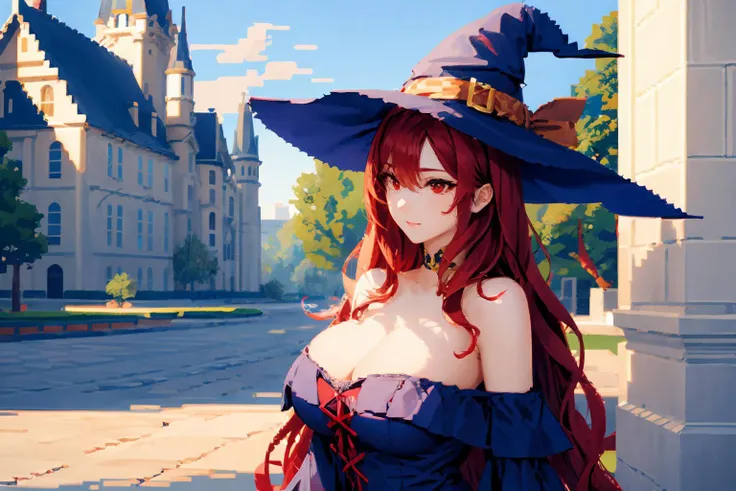 ray tracing, masterpiece, best quality, 1girl, red hair, long hair, wavy hair, witch hat, red eyes, strapless, dress, off-shoulder dress, large breasts, (pixel art:1.2) castle,