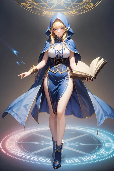 ray tracing, masterpiece, best quality, 1girl, blonde hair, pointy ears, blue cape, white shirt, corset, skirt, hood, open book, magic circle, standing, glowing book,