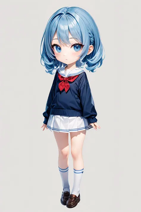 ray tracing, masterpiece, best quality, 1girl, chibi, light blue hair, simple background, white background, white school uniform, full body,