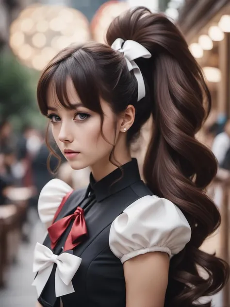 cinematic photo solo, cute girl, mega ponytail, big hair, 1girl, brunette, ((large hair ribbon bow)) <lora:xl_mega_ponytail-1.0:0.6> . 35mm photograph, film, bokeh, professional, 4k, highly detailed