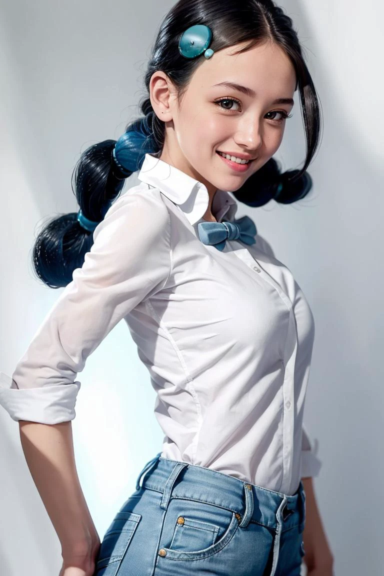 (masterpiece, best quality:1.2), solo,
beautiful eyes,
<lora:Candice_Pokemon:0.8>, Candice_Pokemon, hair ornament, twintails, hairclip, white shirt, bowtie, denim blue jeans, solo, smiling, looking at viewer,
solo, smile, blush, looking at viewer, upper body,