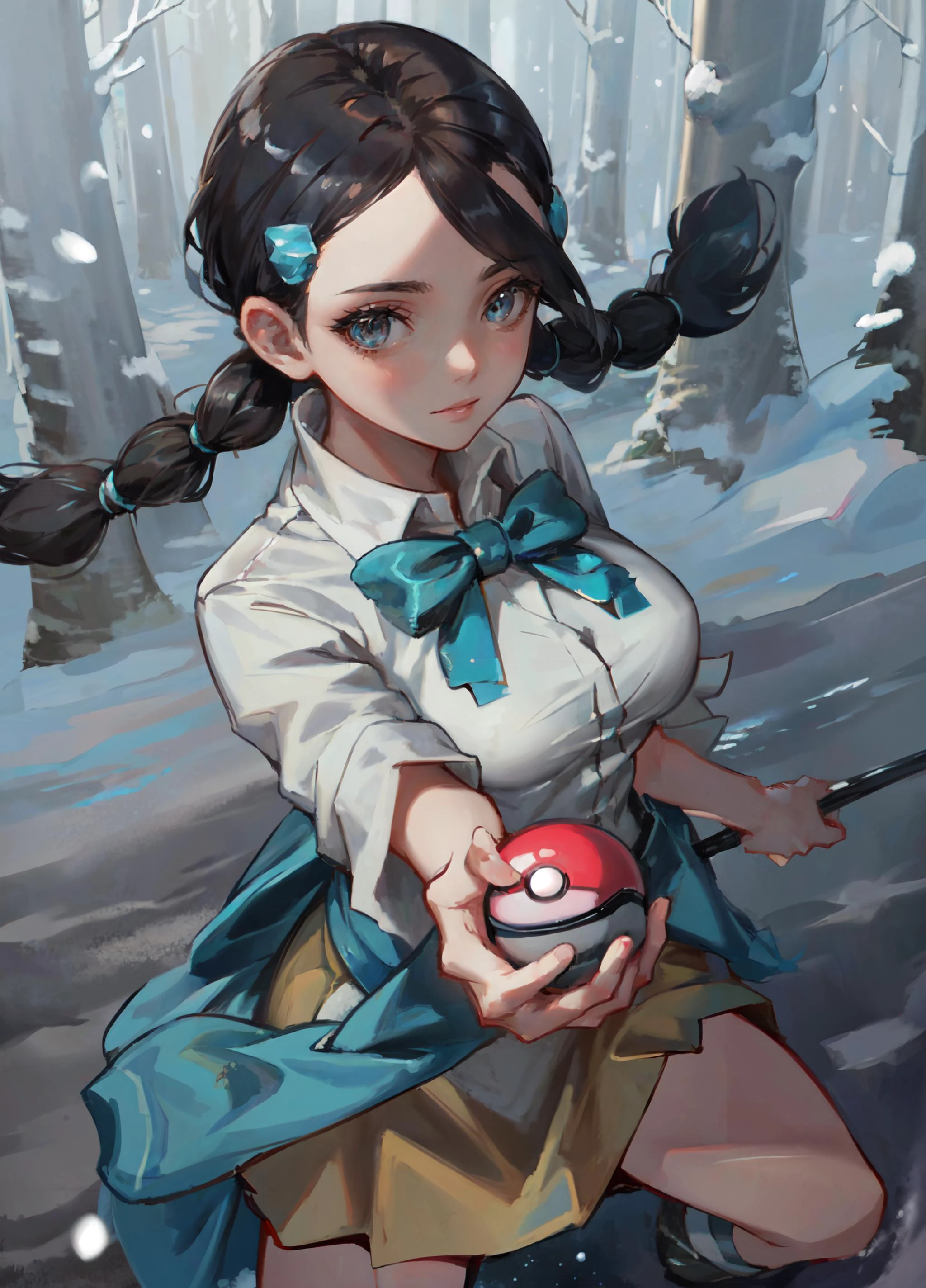 (masterpiece, best quality, ultra detailed, beautiful illustration), (oil painting:1.4), atmospheric perspective, (adventure atmosphere, elaborate atmosphere:1.4), depth of field, looking at viewer, beautiful detailed eyes, 1girl, (portrait, close-up:1.4), (action pose:1.5), dynamic angle, smile, (large breasts), (outdoors:1.5, forest:1.7, winter:1.5, snow:1.5), <lora:Candice_Pokemon:0.8>, Candice_Pokemon, hair ornament, twintails, hairclip, striped socks, bowtie, sweater around waist, brown skirt, (holding poke ball:1.2),
