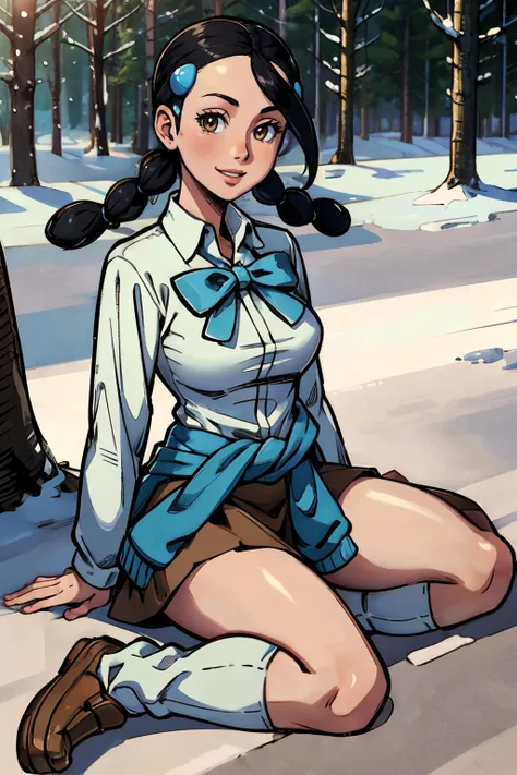 Candice_Pokemon, black hair, hair ornament, twintails, hairclip, white shirt, bowtie, sweater around waist, brown skirt, stripped socks, brown shoes, looking at viewer, smiling, sitting, wariza, outside, snow, trees, winter, overcast, high quality, masterpiece, <lora:Candice_Pokemon:.7>