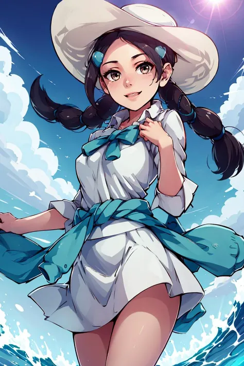 ((masterpiece,best quality)), absurdres, <lora:Candice_Pokemon:0.8>, Candice_Pokemon, hair ornament, twintails, hairclip, solo, smiling, looking at viewer, cowboy shot white sundress, sun hat, flowing winds, sunny, outdoors,