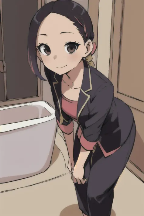Javanese (Indonesia) 48 years old woman Ombre Goddess Braids, in the Bathroom, Leaning forward with arms extended to front, Blazer with dress pants, EdobSouichirouYamamotoArtStyle <lora:EdobSouichirouYamamotoArtStyle_v1.0:0.8>