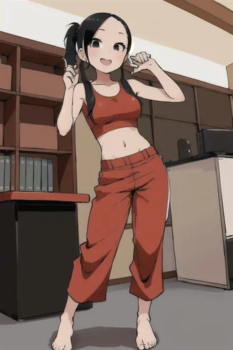 Koreans 27 years old woman Red Victory Rolls, in the Library, Standing with one foot raised behind the body, Wide-leg pants with a crop top, EdobSouichirouYamamotoArtStyle <lora:EdobSouichirouYamamotoArtStyle_v1.0:0.8>