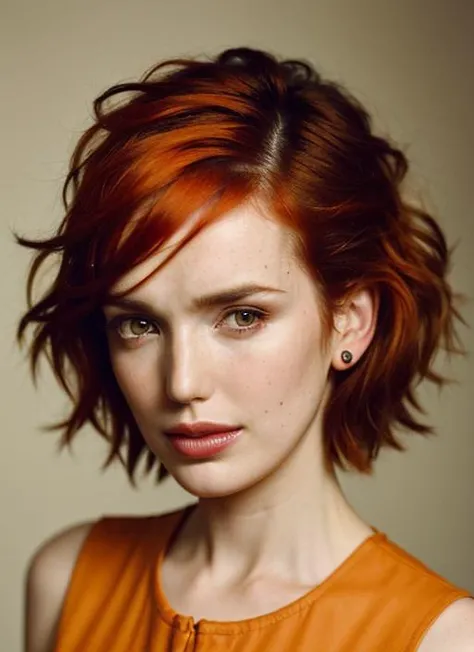 portrait of sks woman by Flora Borsi, style by Flora Borsi, bold, bright colours, orange Mohawk haircut, ((Flora Borsi)), <lora:locon_elizabethhenstridge_v1_from_v1_64_32:1.25>