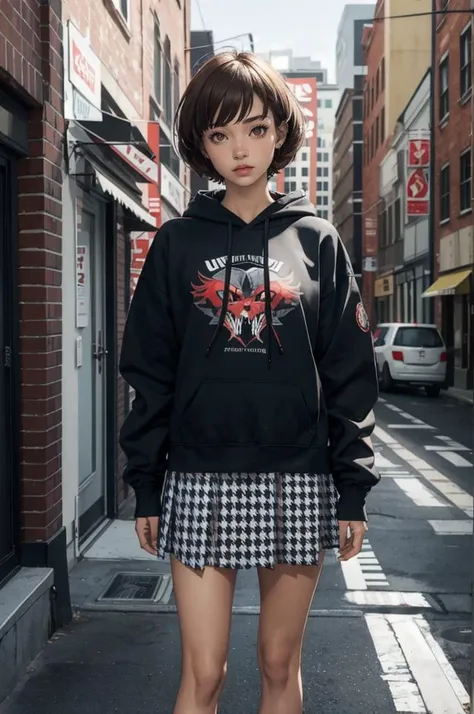 <lora:edgBerserkHoodies-000008:1> hoodie, edgBerserker, wearing edgBerserker_([armor|hoodie]::0.5), helmet, shoulder armor, red eyes glowing,   <lora:zs_Chie:0.8> brown eyes, short brown hair, chiep4,  skirt, badge, white socks, houndstooth,, ultra detailed, masterpiece, best quality, aesthetic, detailed,