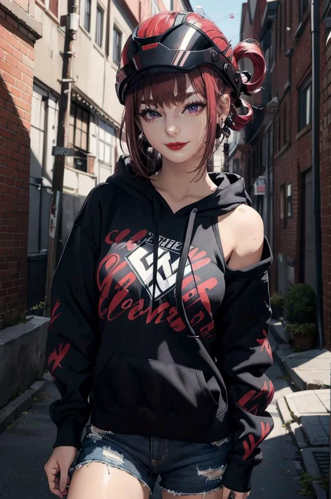 <lora:edgBerserkHoodies-000008:1> hoodie, edgBerserker, wearing edgBerserker_([armor|hoodie]::0.5), helmet, shoulder armor, red eyes glowing,, ultra detailed, masterpiece, best quality, aesthetic, detailed,, solo, seductive smile, red lips,
1girl, purple eyes, red hair, blunt bangs, medium breasts, <lora:hair_rings:1> low hair rings, <lora:EllaNyan:1>,