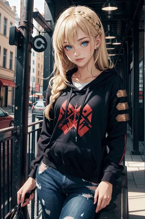 <lora:edgBerserkHoodies-000008:1> hoodie, edgBerserker, wearing edgBerserker_([armor|hoodie]::0.5), helmet, shoulder armor, red eyes glowing,, ultra detailed, masterpiece, best quality, aesthetic, detailed,, solo, soft smile, light smile,
1girl, blue eyes, very long hair, blonde hair, long blonde hair, french braid, bangs, medium breasts,