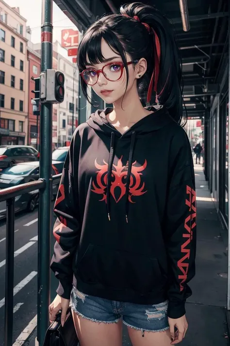 <lora:edgBerserkHoodies-000008:1> hoodie, edgBerserker, wearing edgBerserker_([armor|hoodie]::0.5), helmet, shoulder armor, red eyes glowing,, ultra detailed, masterpiece, best quality, aesthetic, detailed,, solo, smug smile, 1girl, purple eyes, red-framed eyewear, (black hair, red colored tips:1.2), red streaked hair, very long hair, side ponytail, tied hair, medium breasts,