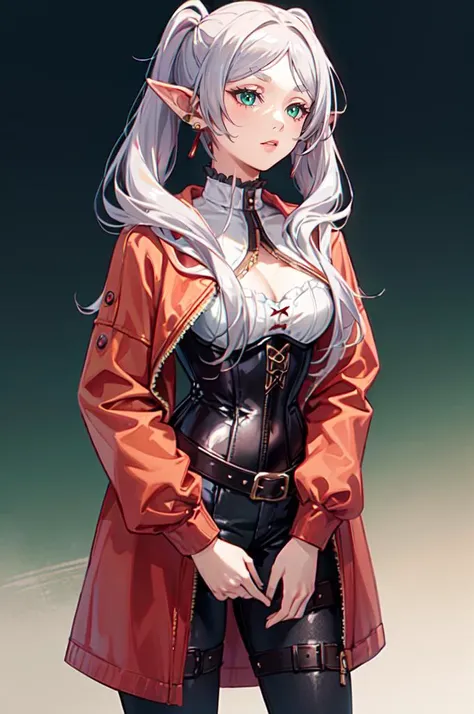 <lora:edgCorsetHoodies:0.8> edgCorset, hoodie, wearing a hoodie with a corset, cowboy shot, <lora:Frieren:1> Frieren, twintails, earrings ,, ultra detailed, masterpiece, best quality, aesthetic, detailed,