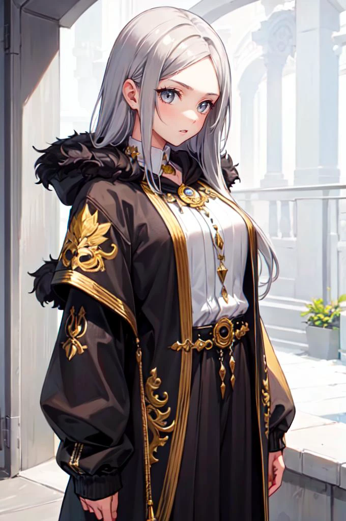 <lora:edgGallianoHoodies:0.8> hoodie, edgJG fashion, wearing edgJG_style clothing, fur trim, cowboy shot,, ultra detailed, masterpiece, best quality, aesthetic, detailed,, serious, 1girl, (white eyes:1.1), (grey eyes:1.3), white hair, very long hair, parted hair, parted bangs, <lora:parted_hair_v1.3:1.3>, medium breasts,