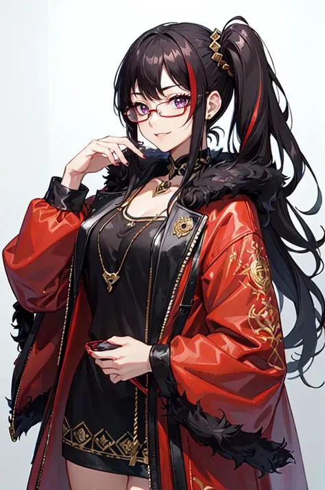 <lora:edgGallianoHoodies:0.8> hoodie, edgJG fashion, wearing edgJG_style clothing, fur trim, cowboy shot,, ultra detailed, masterpiece, best quality, aesthetic, detailed,, solo, smug smile, 1girl, purple eyes, red-framed eyewear, (black hair, red colored tips:1.2), red streaked hair, very long hair, side ponytail, tied hair, medium breasts,