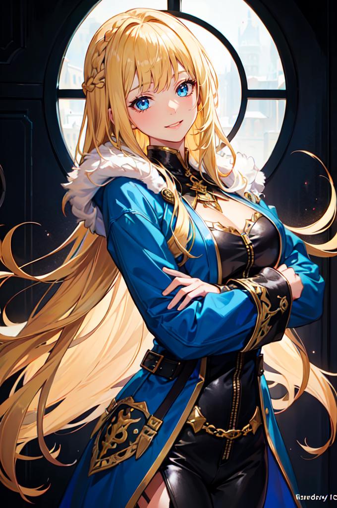 A woman in a blue dress and black outfit standing in front of a window ...