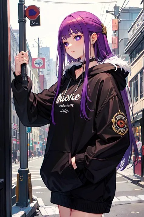 masterpiece, best quality, illustration, city street, 1girl, Medusa, Rider,\(fate\), cowboy shot, skinny, purple eyes, purple hair, green eyes, pink pajamas, hunting sweatshirt, one roome is 20 years old, stale anime, detailed, anime, medusa rider, high resolution, --auto --s2