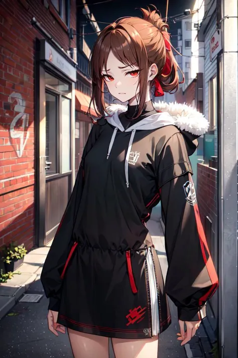 <lora:edgGallianoHoodies:0.8> hoodie, edgJG fashion, wearing edgJG_style clothing, fur trim, cowboy shot, alley, brick wall, graffiti, against wall, straight-on, wing graffiti,, ultra detailed, masterpiece, best quality, aesthetic, detailed,, solo, frown,
1girl, red eyes, <lora:Tsurime3:1>, (tsurime:1.2), (brown hair:1.3), medium hair, (asymmetrical bangs, swept bangs, cowlick:1.35), flipped hair, <lora:foldedponytail:0.8> foldedponytail, folded ponytail, (small breasts:1.3),