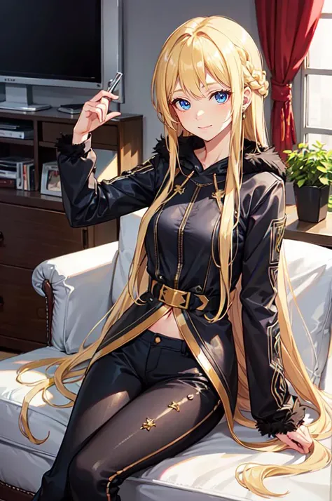 <lora:edgGallianoHoodies:0.8> hoodie, edgJG fashion, wearing edgJG_style clothing, fur trim, sitting, living room, television, pants,, ultra detailed, masterpiece, best quality, aesthetic, detailed,, solo, soft smile, light smile,
1girl, blue eyes, very long hair, blonde hair, long blonde hair, french braid, bangs, medium breasts,