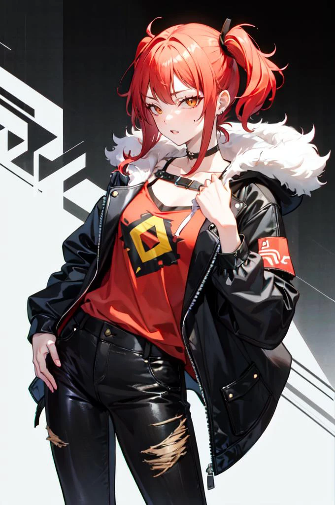 <lora:edgGallianoHoodies:0.8> hoodie, edgJG fashion, wearing edgJG_style clothing, fur trim, cowboy shot,, ultra detailed, masterpiece, best quality, aesthetic, detailed,, solo, 1girl, red hair, orange eyes, amber eyes, swept bangs, parted bangs, <lora:LowTwintailsHelper:1> low twintails,
short hair, medium hair, small breasts, <lora:Tsurime3:1>, (tsurime:1.2),, leggings, leather jacket, long shirt, combat boots, hoodie,