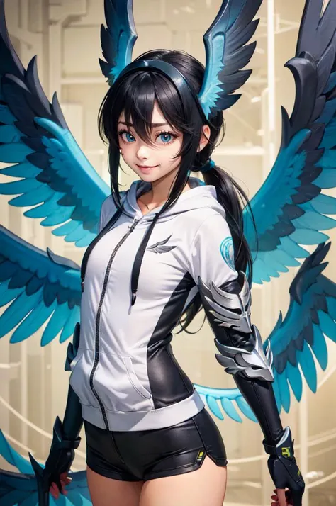 <lora:edgGarudaHoodies:1> edgGaruda_hoodie, hoodie, wearing edgGaruda_hoodie, cowboy shot,, ultra detailed, masterpiece, best quality, aesthetic, detailed,, solo, smile, 1girl, aqua eyes, black hair, <lora:low_ponytail-1.0:1> low ponytail, ahoge, absurdly long hair, very long hair, hair flaps, hair between eyes, bangs, crossed bangs, messy hair, small breasts, goggles on head, closed mouth,