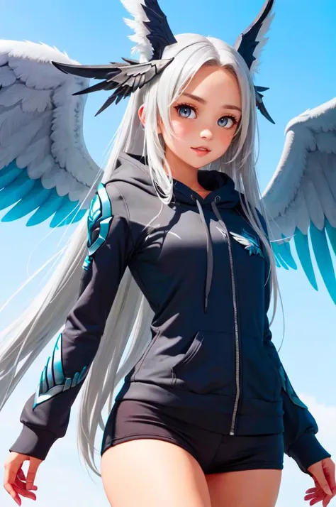 <lora:edgGarudaHoodies:1> edgGaruda_hoodie, hoodie, wearing edgGaruda_hoodie, cowboy shot,, ultra detailed, masterpiece, best quality, aesthetic, detailed,, serious, 1girl, (white eyes:1.1), (grey eyes:1.3), white hair, very long hair, parted hair, parted bangs, <lora:parted_hair_v1.3:1.3>, medium breasts,