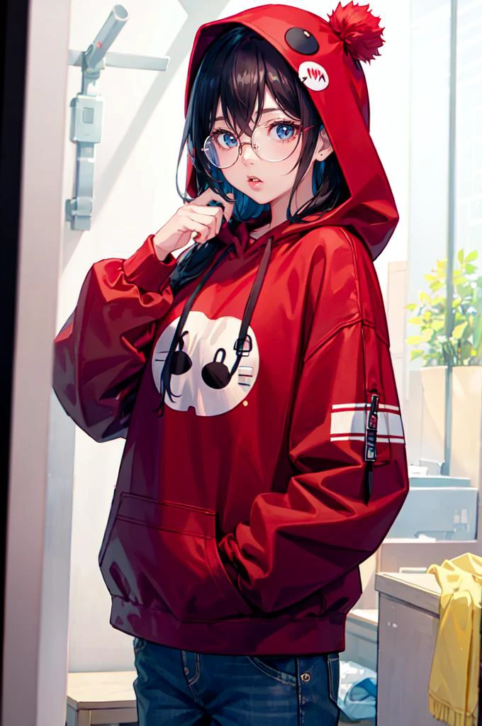 <lora:edgLittleRedHoodie:0.8> RHG, wearing RHG_hoodie, hood up, layered clothes, cowboy shot, oversized clothes, pocket, red hoodie, <lora:LIP:0.8> (LilyPichuTI:0.9), glasses,, ultra detailed, masterpiece, best quality, aesthetic, detailed,