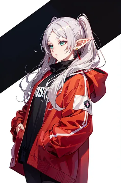 <lora:edgLittleRedHoodie:0.8> RHG, wearing RHG_hoodie, hood up, layered clothes, cowboy shot, oversized clothes, pocket, red hoodie, <lora:Frieren:1> Frieren, twintails, earrings, ultra detailed, masterpiece, best quality, aesthetic, detailed,