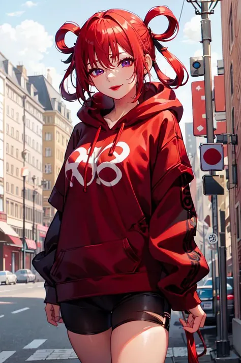 <lora:edgLittleRedHoodie:0.8> RHG, wearing RHG_hoodie, hood up, layered clothes, cowboy shot, oversized clothes, pocket,  red hoodie,, ultra detailed, masterpiece, best quality, aesthetic, detailed,, solo, seductive smile, red lips,
1girl, purple eyes, red hair, blunt bangs, medium breasts, <lora:hair_rings:1> low hair rings, <lora:EllaNyan:1>,