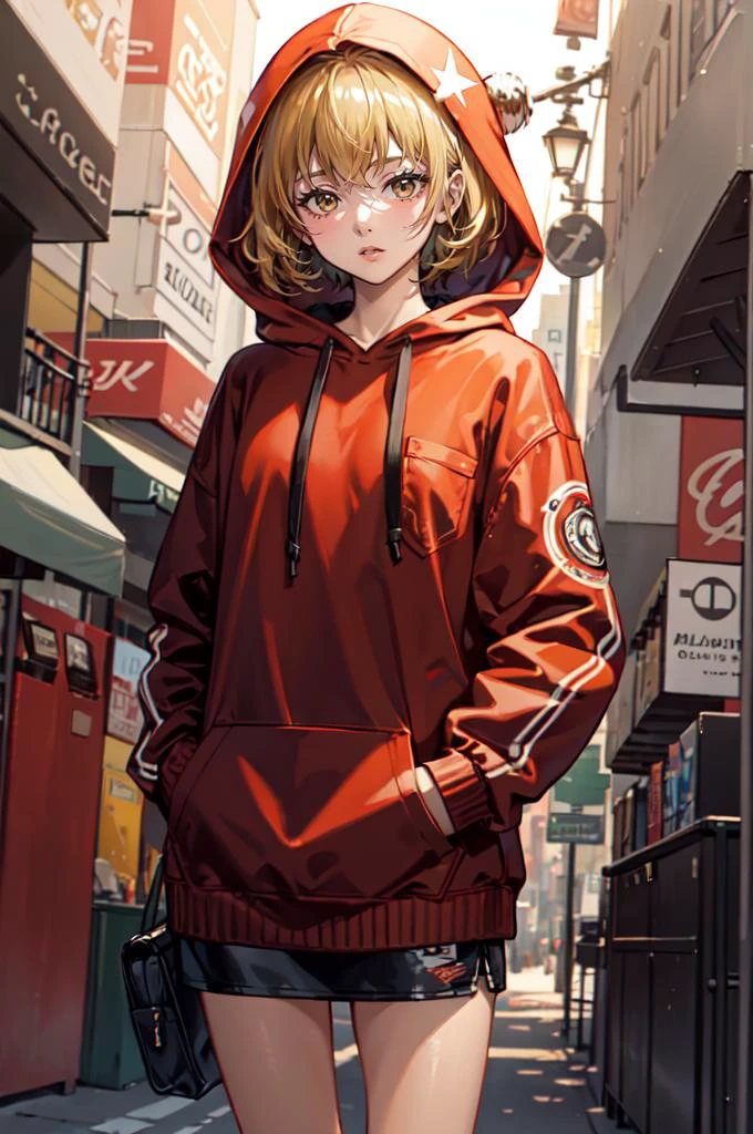 <lora:edgLittleRedHoodie:0.8> RHG, wearing RHG_hoodie, hood up, layered clothes, cowboy shot, oversized clothes, pocket, red hoodie, <lora:atolih:0.55> atolih,, ultra detailed, masterpiece, best quality, aesthetic, detailed,
