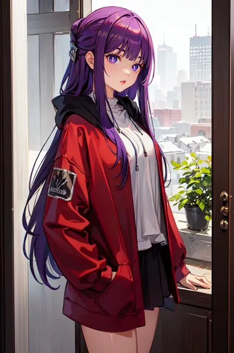 <lora:edgLittleRedHoodie:0.8> RHG, wearing RHG_hoodie, hood up, layered clothes, cowboy shot, oversized clothes, pocket, red hoodie, <lora:Fern:0.8> FernFrieren, very long hair, purple eyes, (purple pupils),, ultra detailed, masterpiece, best quality, aesthetic, detailed,